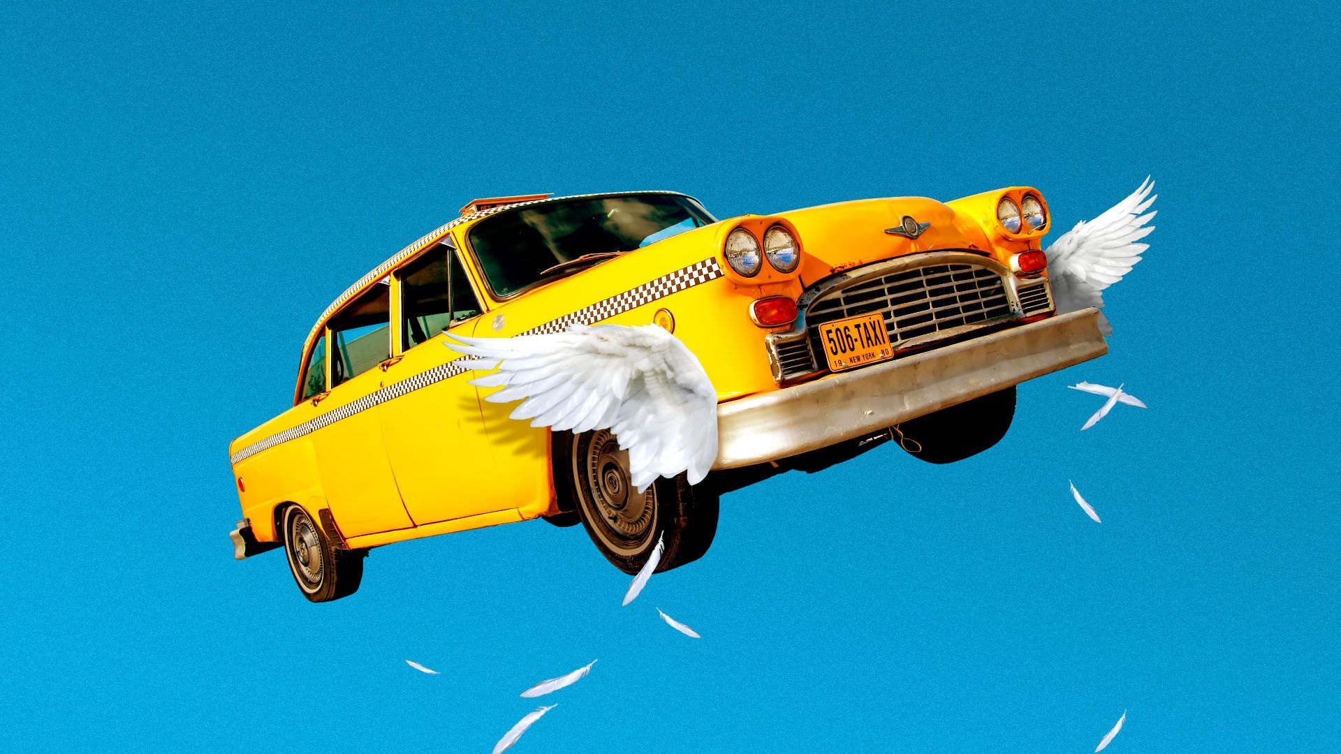 Illustration of a taxi in the sky with small molting wings
