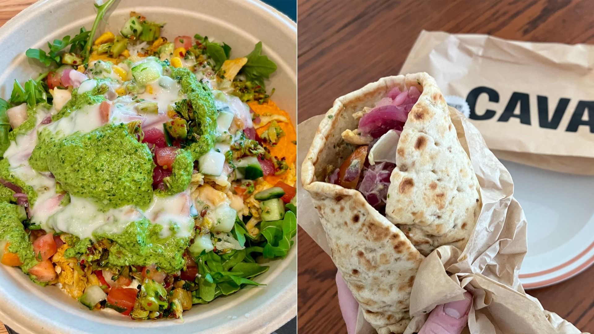 Two images side by side, one showing a bowl with greens, veggies and sauces, the other showing a pita with veggies peeking out in front of a bag that says "CAVA."