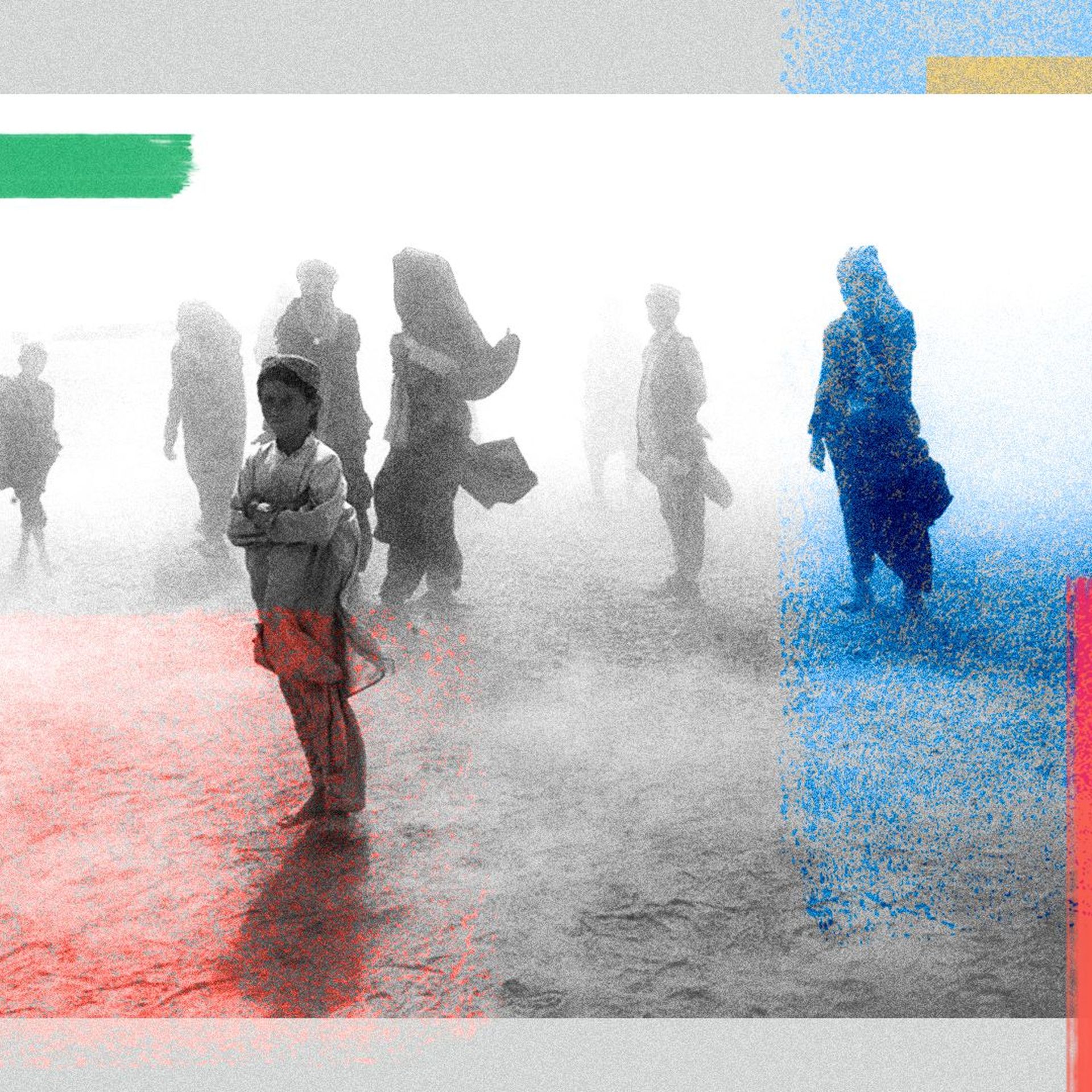 Photo illustration of Afghans that were living in a camp for displaced people 