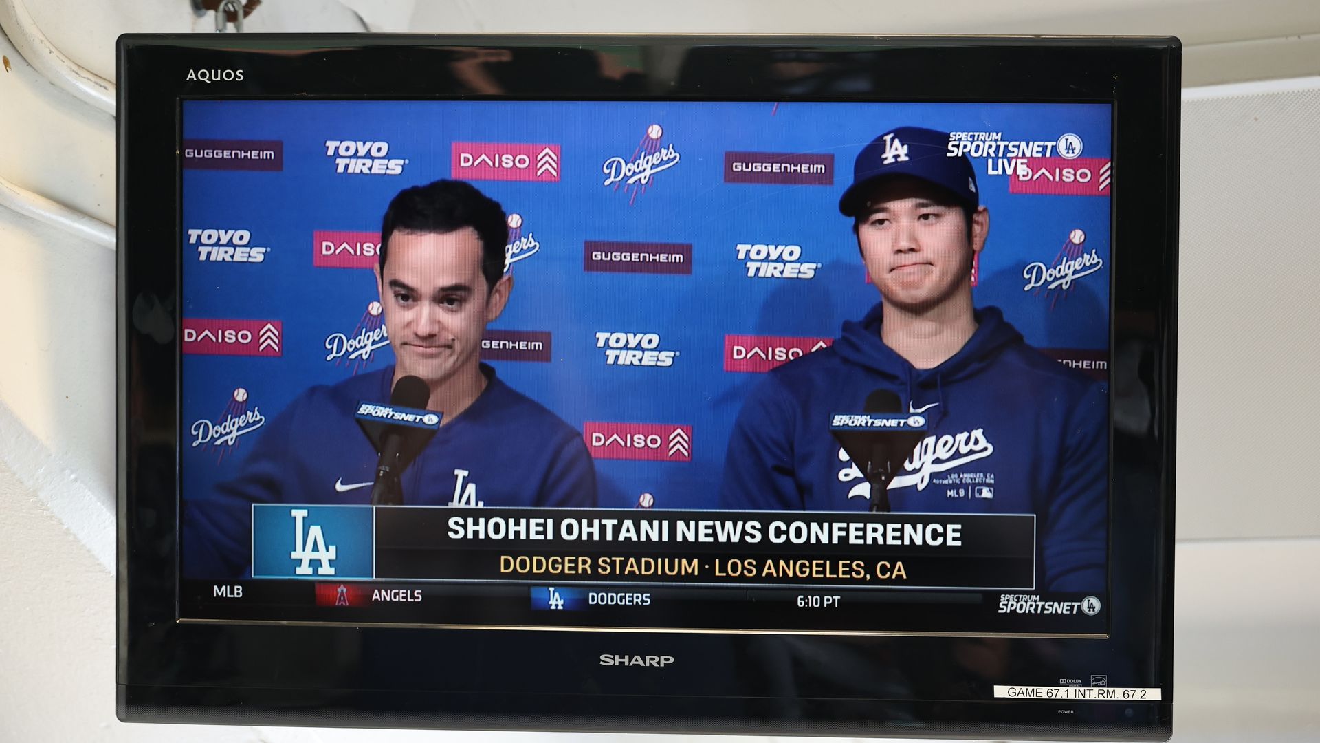 A view of a TV in the press box as Shohei Ohtani #17 of the Los Angeles Dodgers speaks during a press conference at Dodger Stadium on March 25, 2024 in Los Angeles, California. 