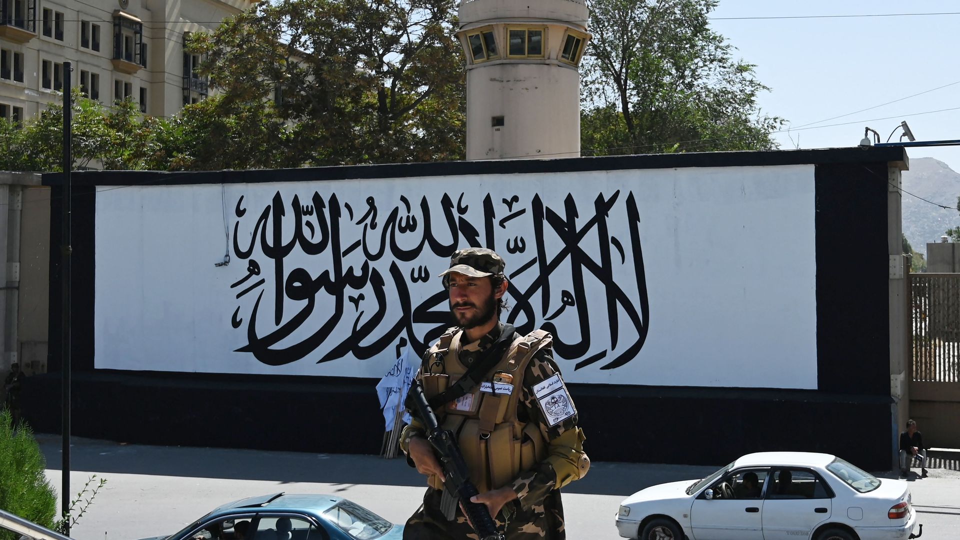 Guard in front of former U.S. Embassy in Kabul