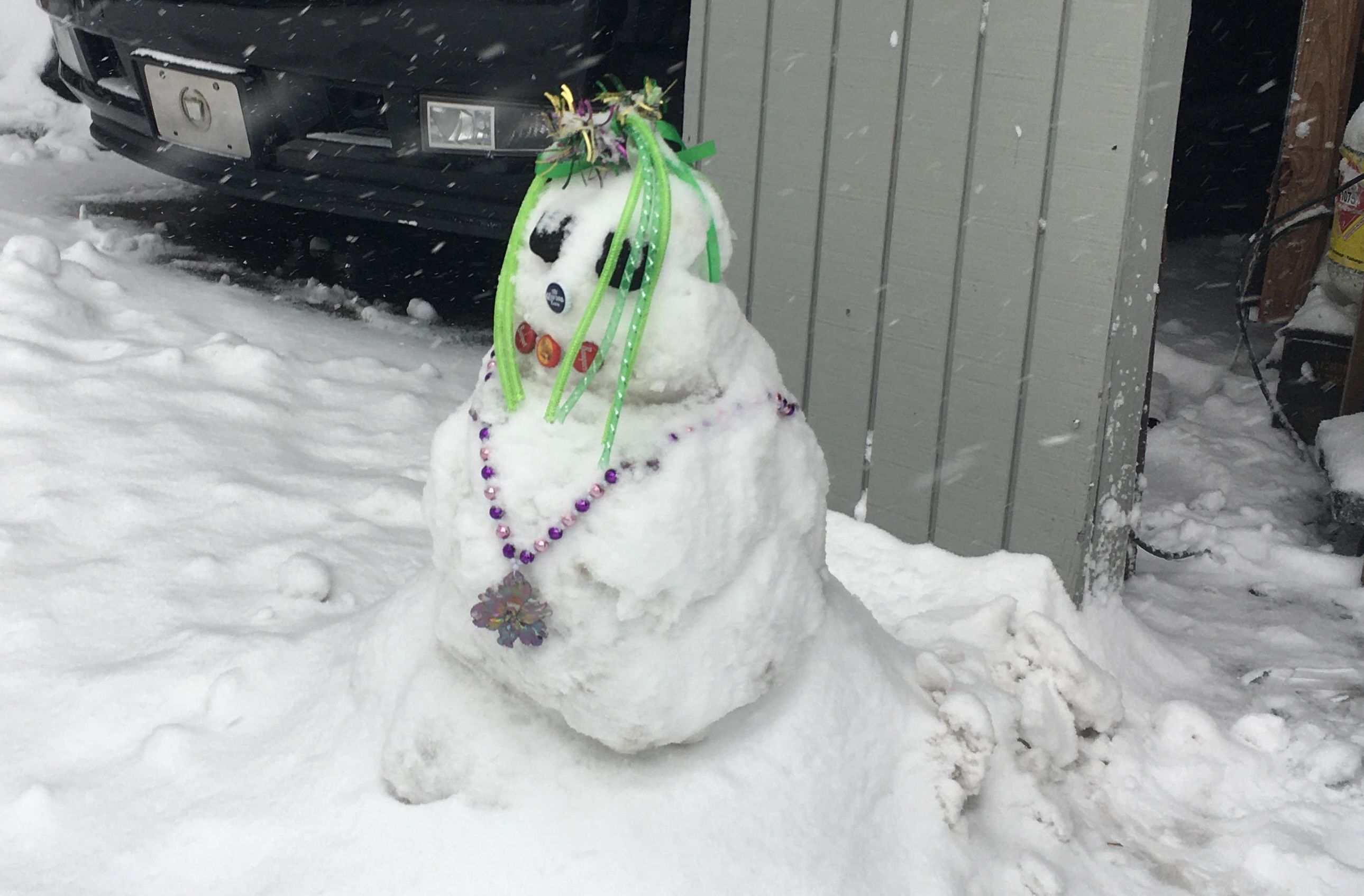 Photo shows a snowman with Mardi Gras beads.