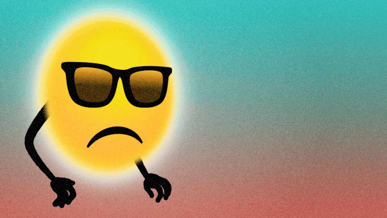 Animated illustration of a sun with arms and a frowning emoji face wearing sunglasses. It uses its index fingers to push up both sides of its mouth into a smile.