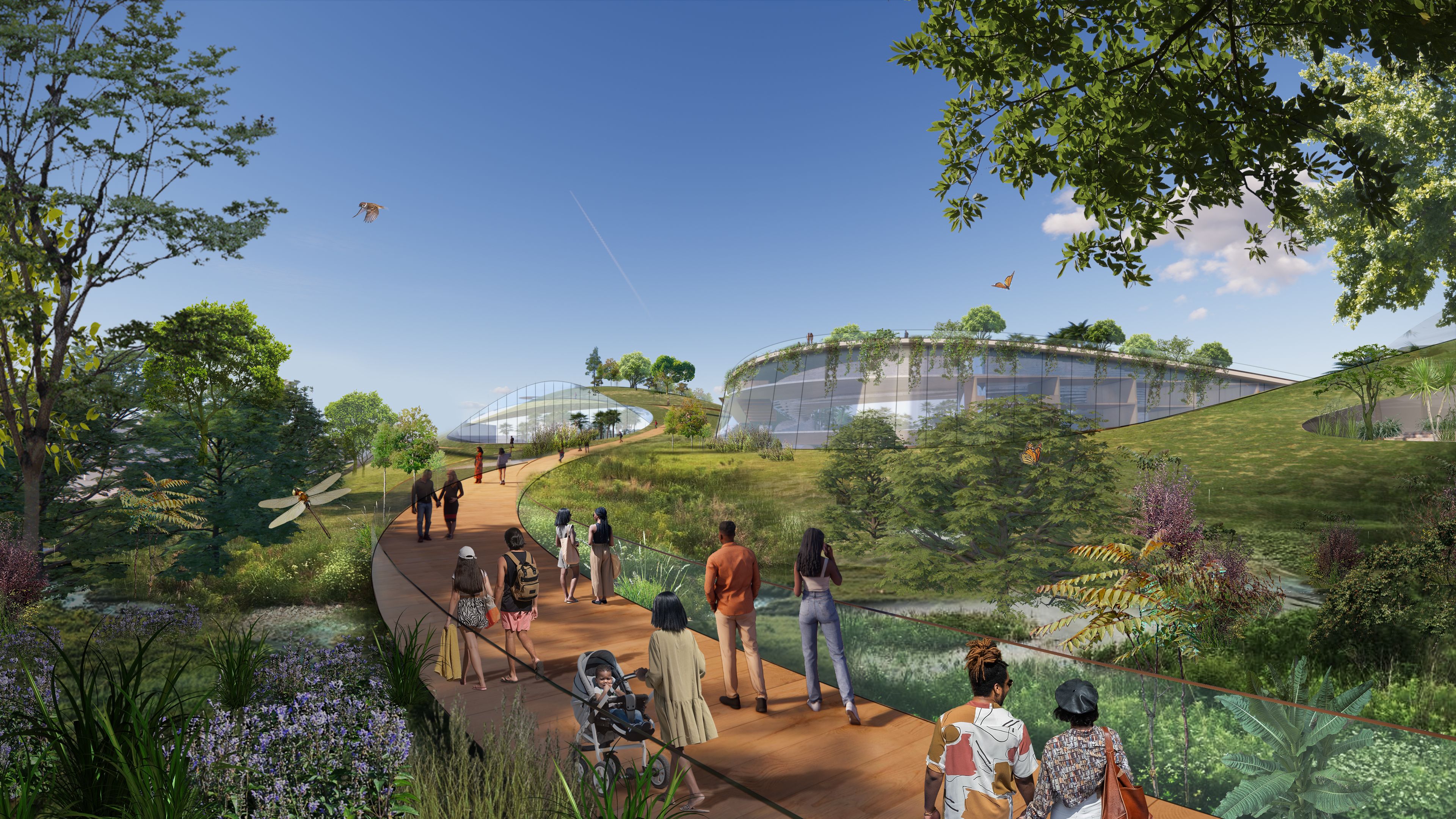 A rendering of a lush walkway leads to a Therme facility