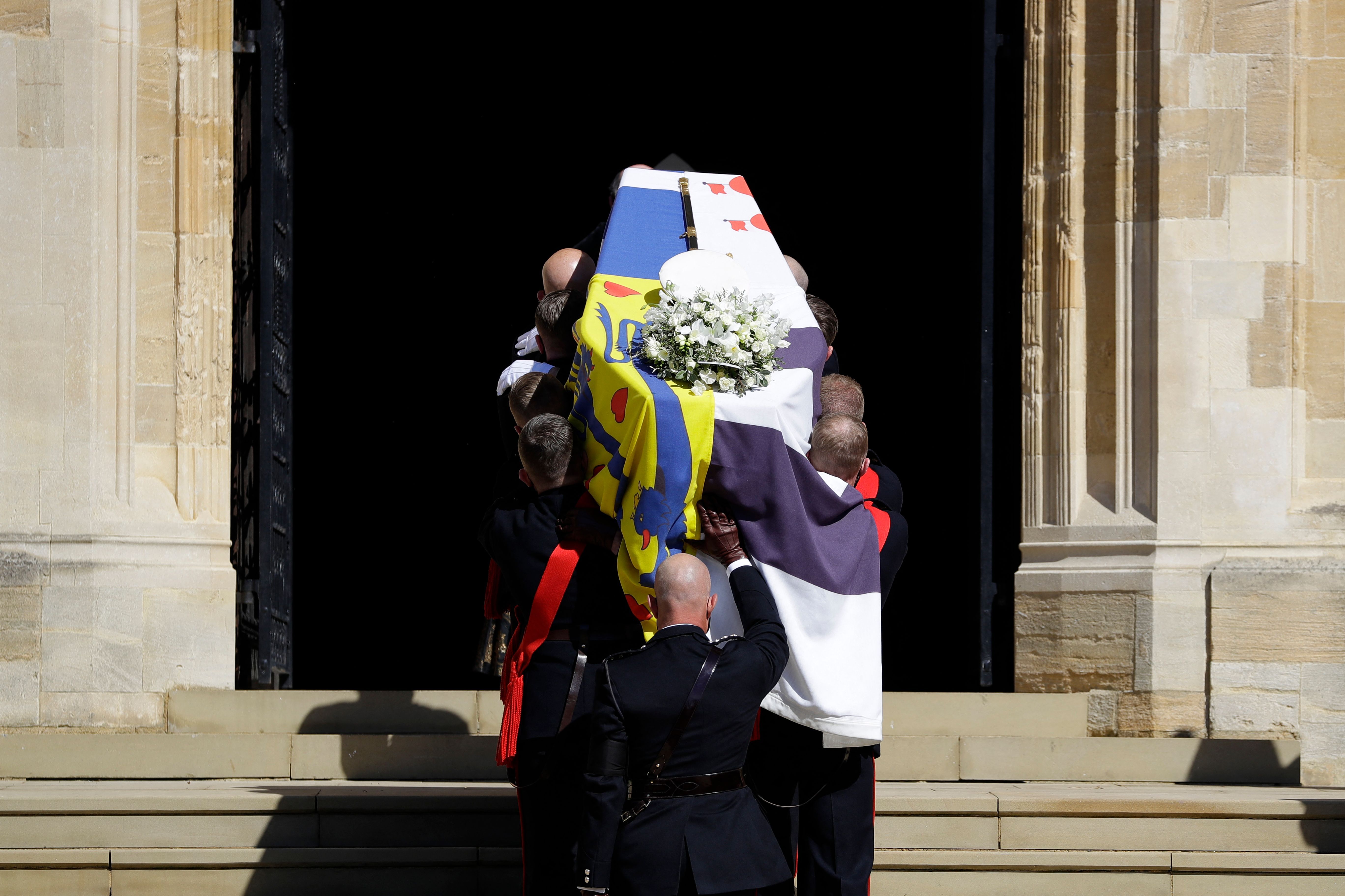 Picture of Prince Philip's coffin being taken into the church 