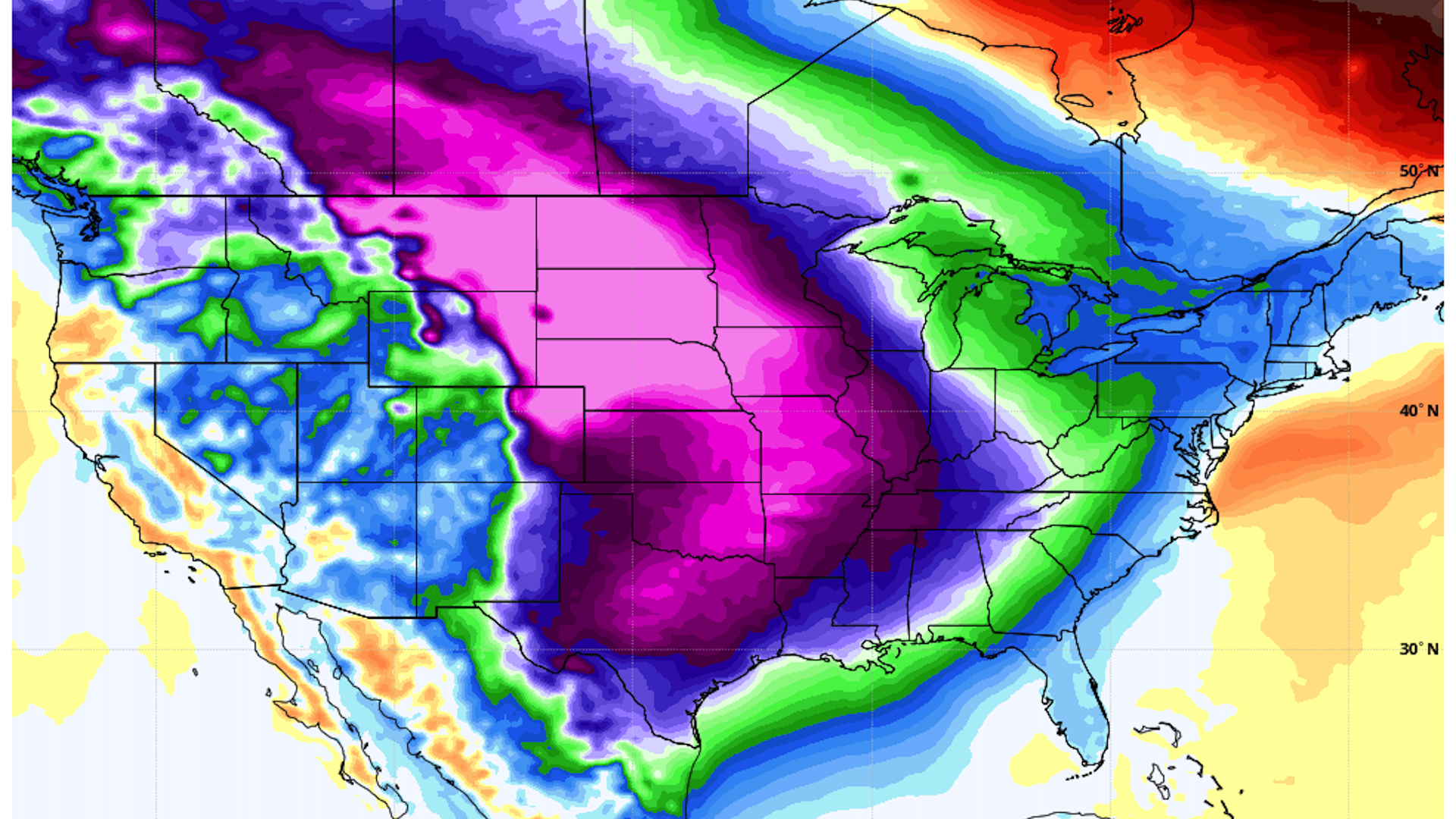 Map showing temperature departures from average on December 23 as frigid air invades the U.S.