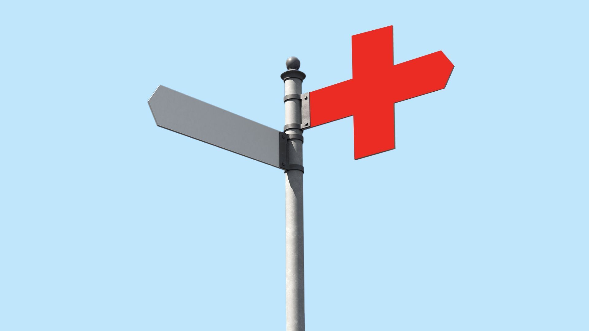 Sign post with red cross and blank street sign
