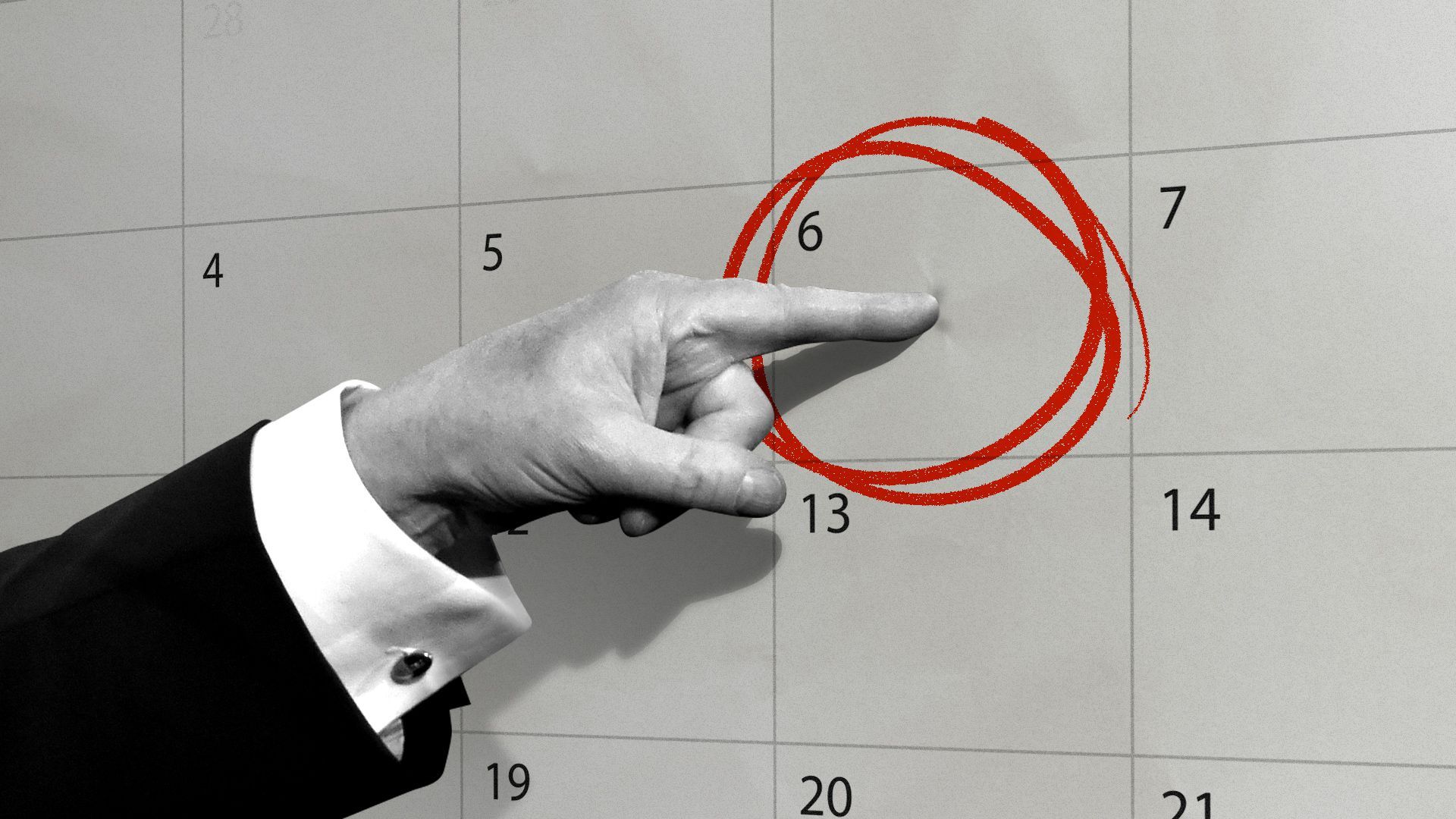 Photo illustration of former President Donald Trump's hand pointing to the calendar date January 6th, 2021. 