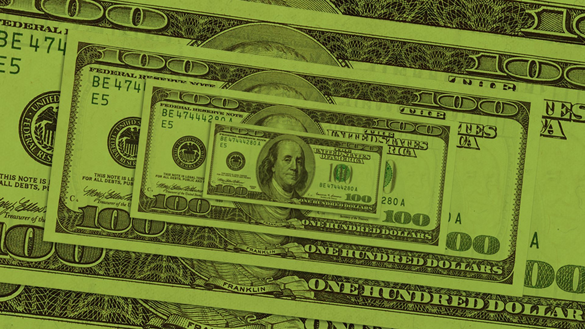 Illustration of five hundred-dollar bills layered on top of one another.
