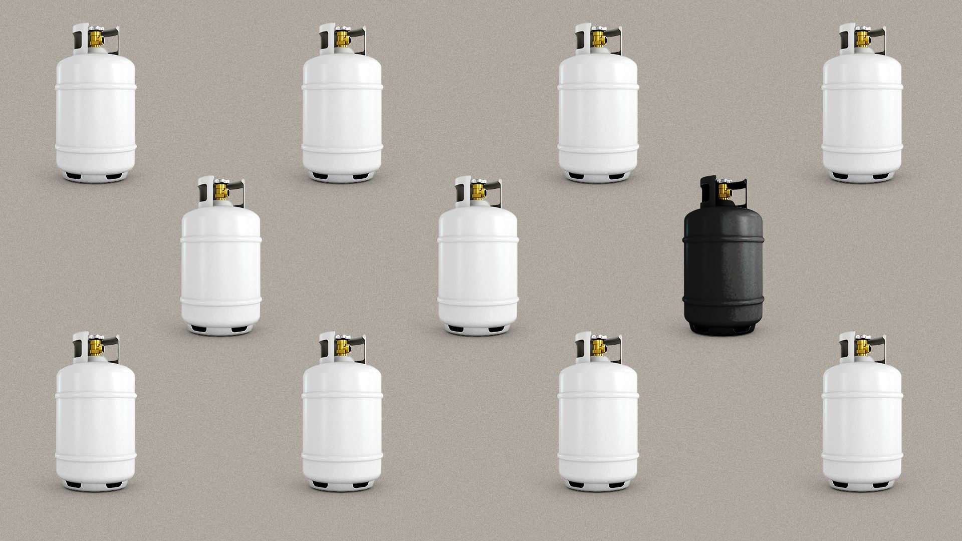 Illustration of a repeating pattern of white propane tanks with a single black propane tank