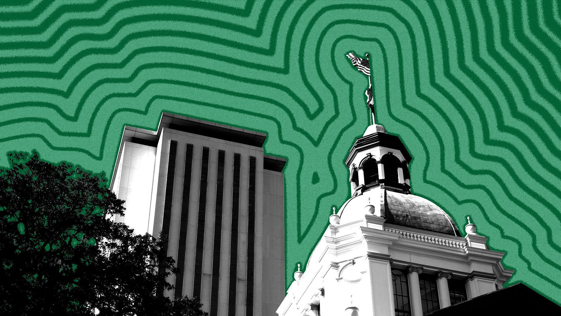 Illustration of the Florida State Capitol building with lines radiating from it. 