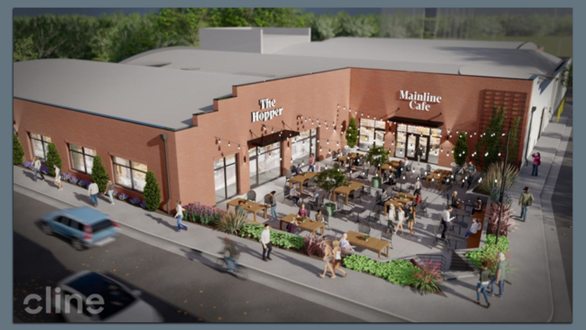 Rendering of a red brick building with signs "The Hopper" and "Mainline Cafe," featuring an outdoor courtyard filled with tables, string lights, greenery, and people dining and strolling.