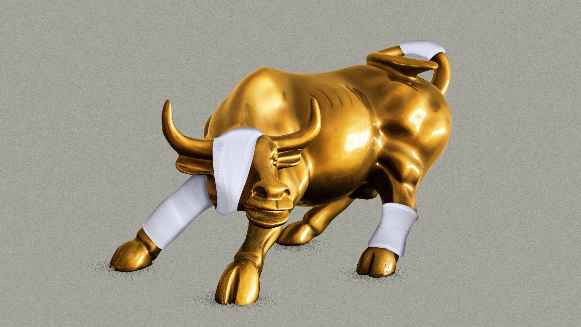 Illustration of the Wall Street bull covered in bandages. 