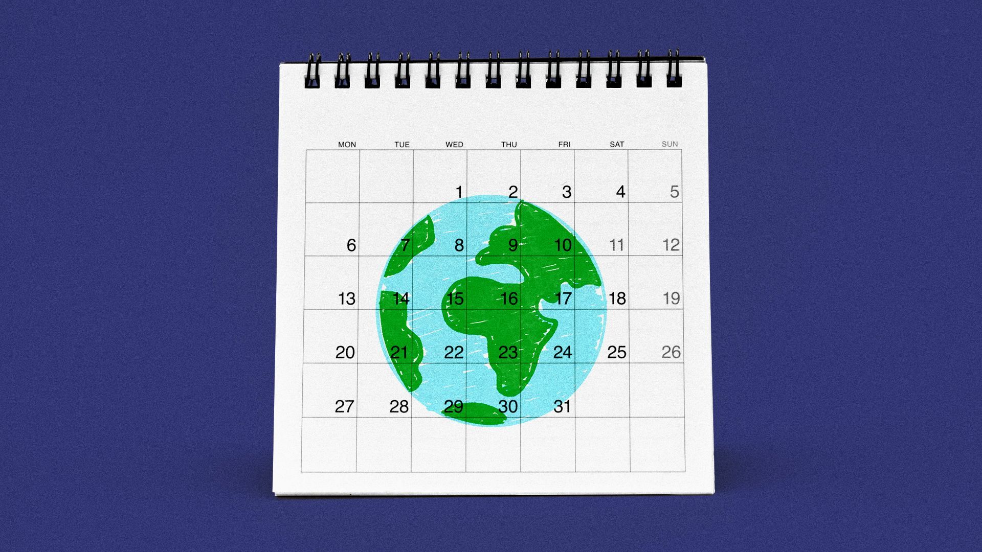 Illustration of a desk calendar with a drawn image of the earth.