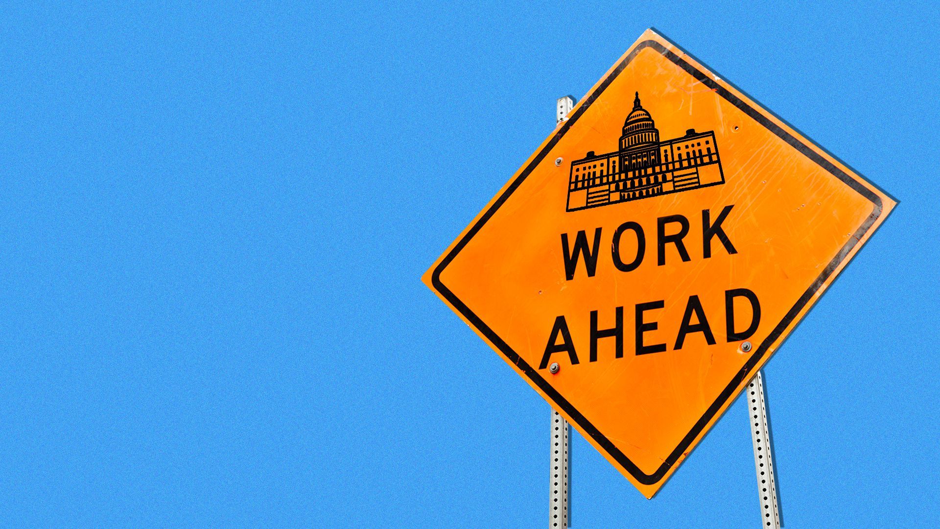 Illustration of a construction sign that reads “Work Ahead” with a symbol of the Capitol.