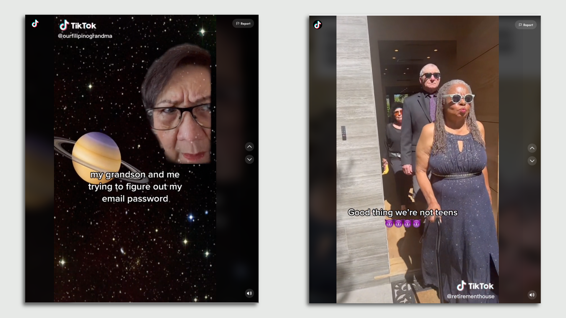 screenshot of a grandmother wearing glasses against a background of stars