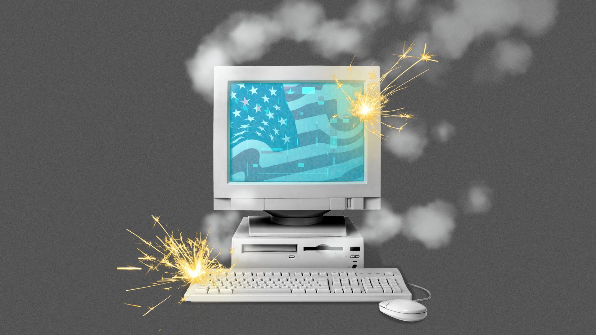 Illustration of a sparking and smoking computer with a distorted flag on the screen