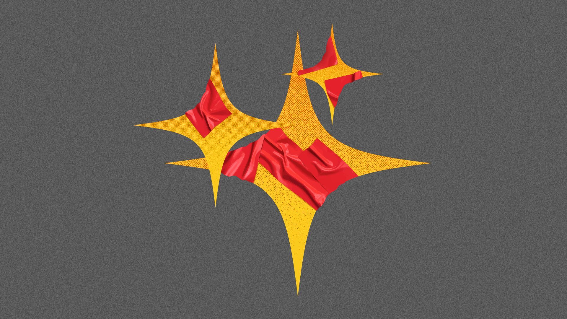 Illustration of the AI sparkle emoji wrapped up in torn pieces of red tape. 