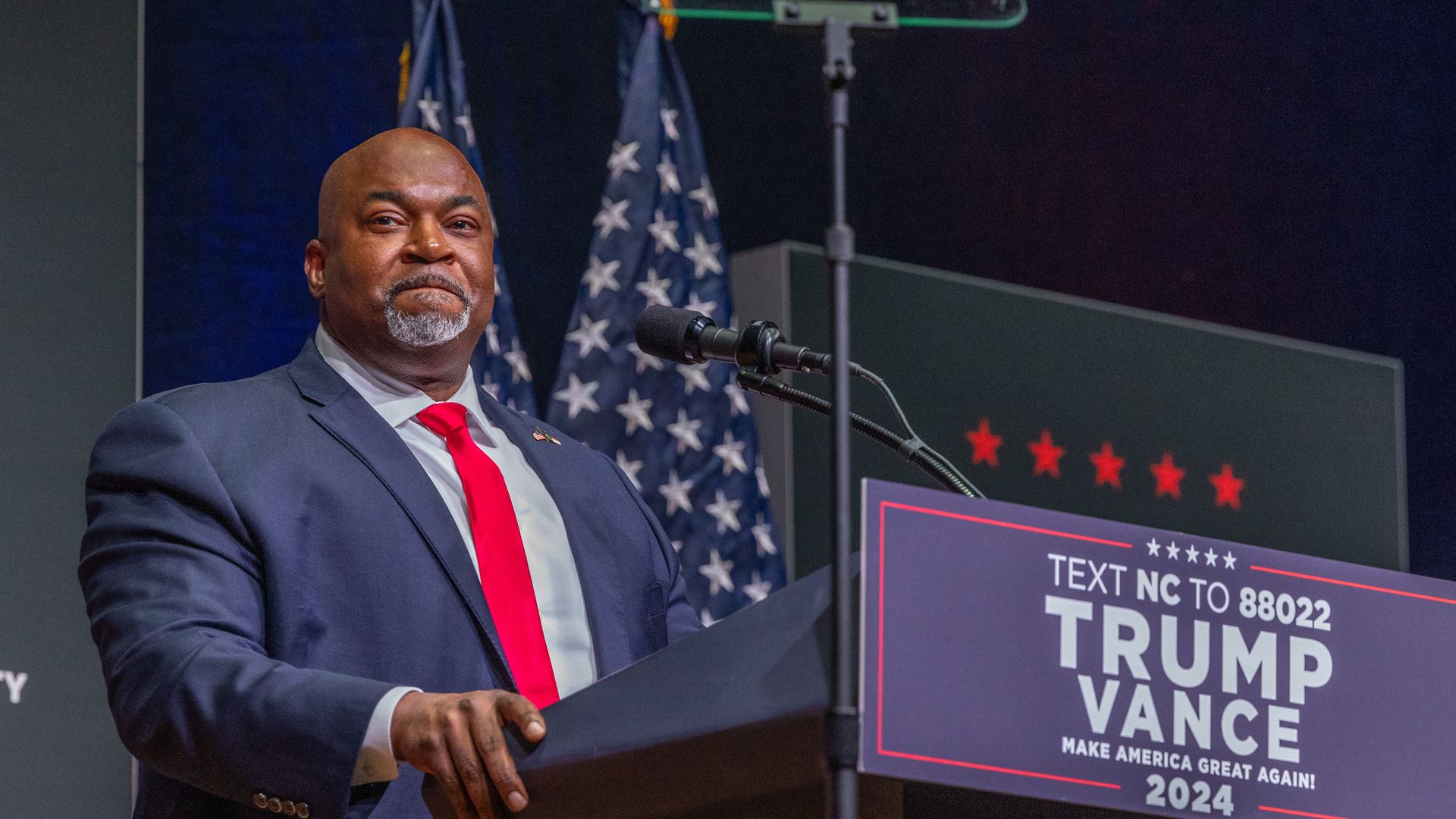 Mark Robinson, Lieutenant Governor of North Carolina and candidate for Governor, delivers remarks prior to Republican presidential nominee former President Donald Trump speaking at a campaign event at Harrah's Cherokee Center on August 14, 2024 in Asheville, North Carolina