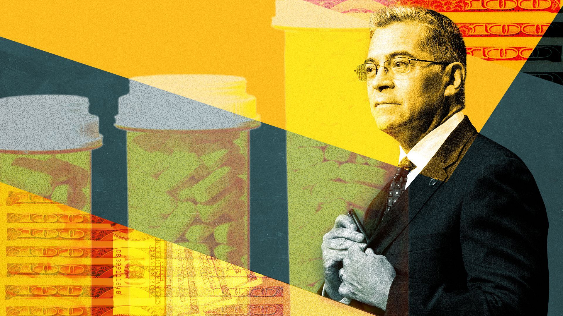 Photo illustration of Xavier Becerra with prescription drugs, money and abstract shapes.