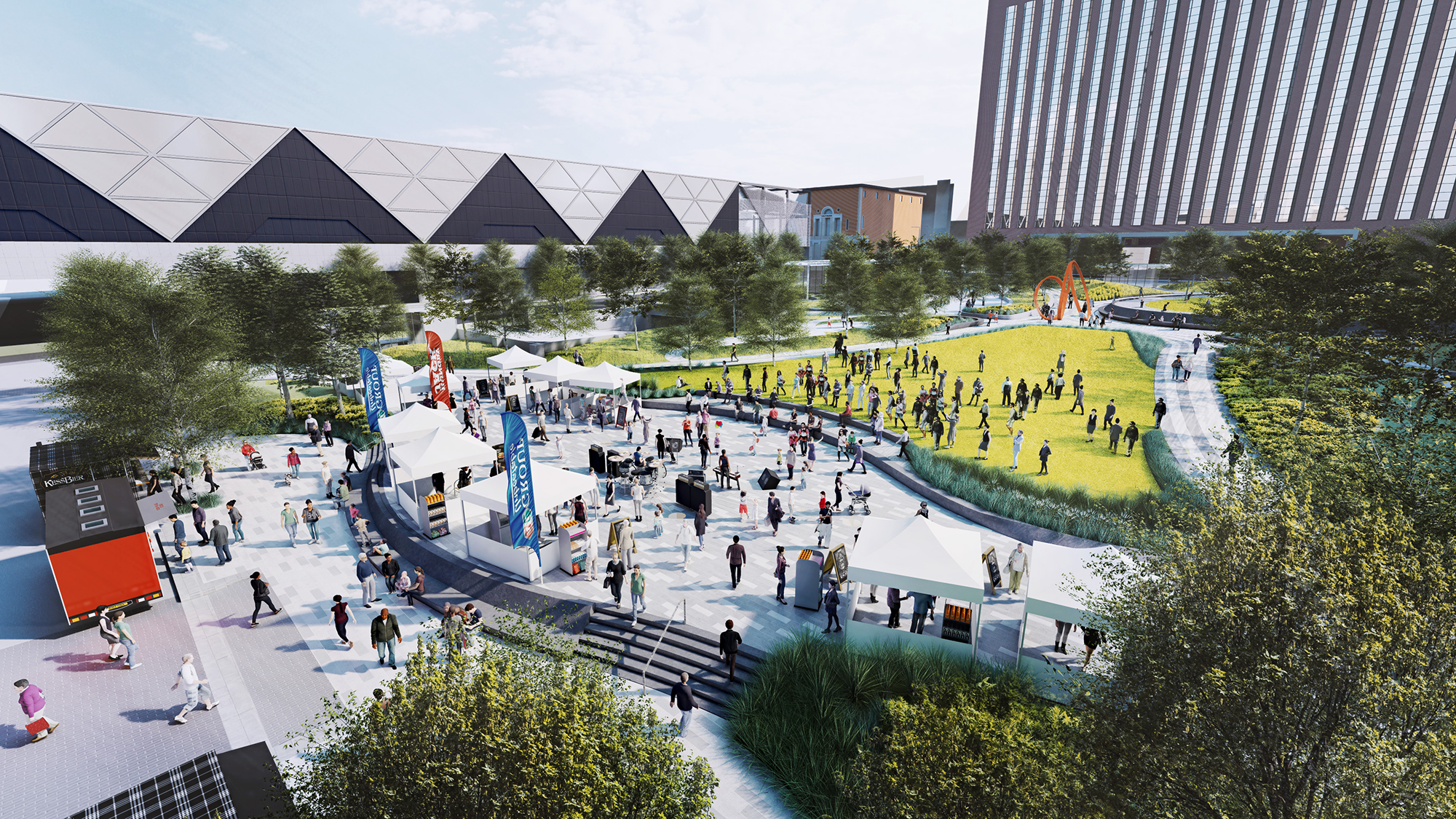 Bird’s-eye view of a busy outdoor plaza next to the Kansas City Convention Center with white tents, blue and red flags, people walking, a grassy area with more people, trees, and tall modern buildings under a clear sky.