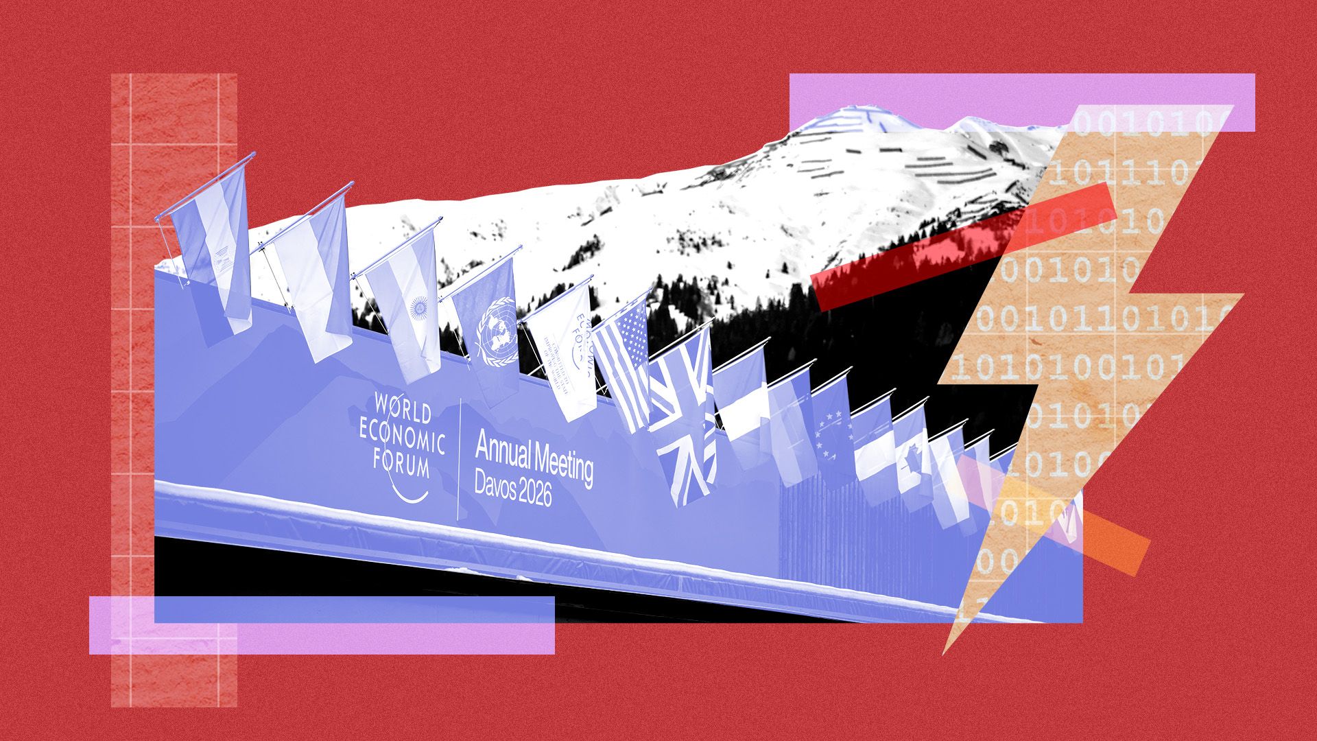 Photo illustration of a sign of the World Economic Forum with a lightning-bolt shaped graphic and binary code