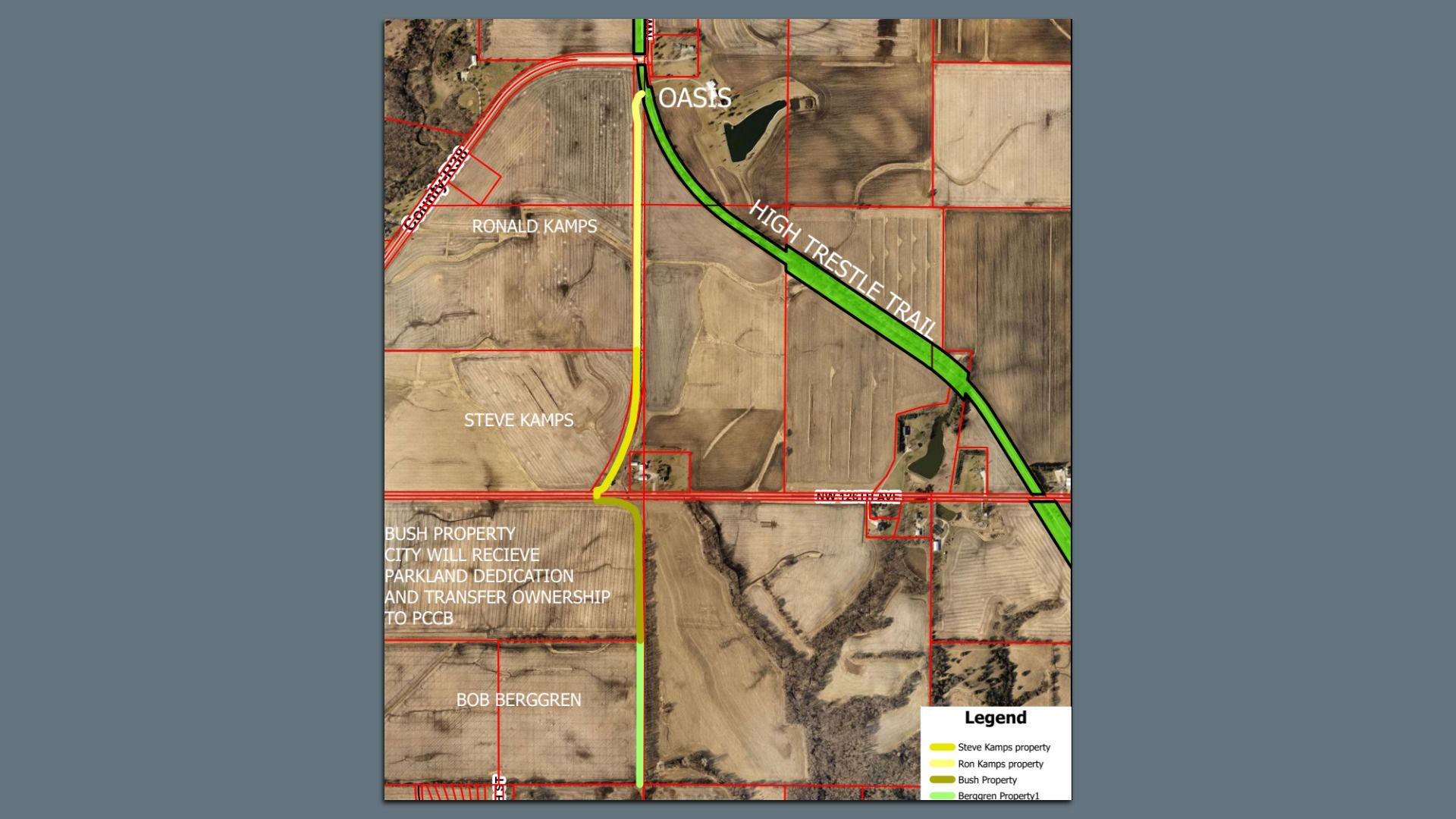 Aerial map showing farmland with properties labeled Steve Kamps, Ronald Kamps, Bob Berggren, and Bush. High Trestle Trail marked in green, roads outlined in red, and property boundaries highlighted in yellow and green.