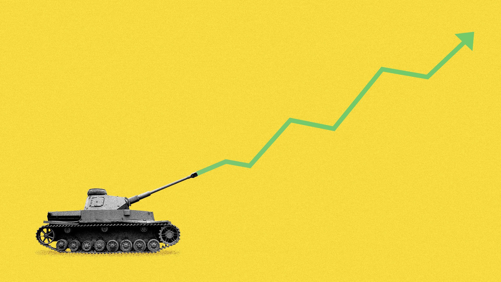 Illustration of a tank shooting an upward trending market arrow out of its barrel. 