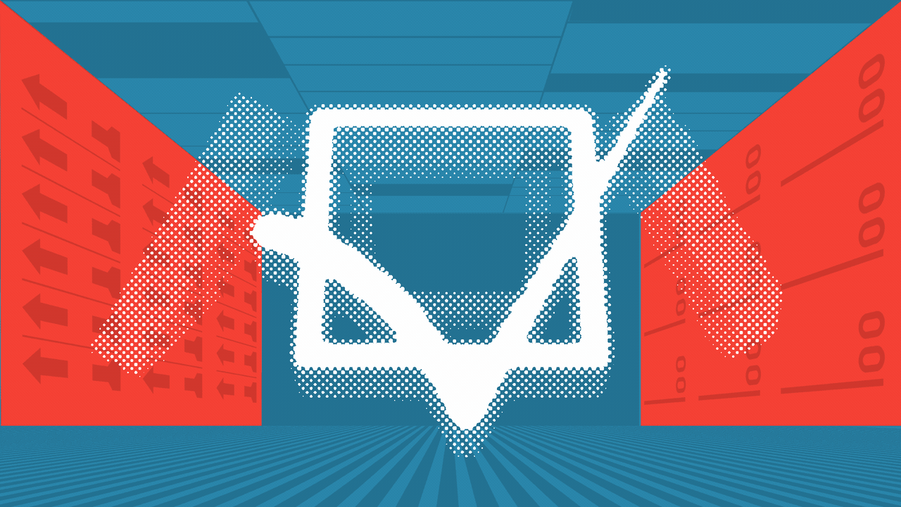 Animated illustration of the state of Arizona rotating to reveal a checkmark over a divided red and blue background with elements of ballots.