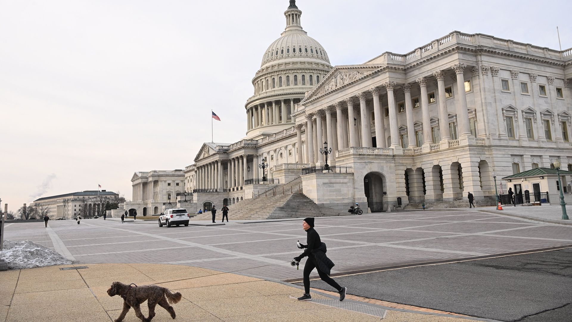 A jogger and her dog are seen in front of the U.S. Capitol.