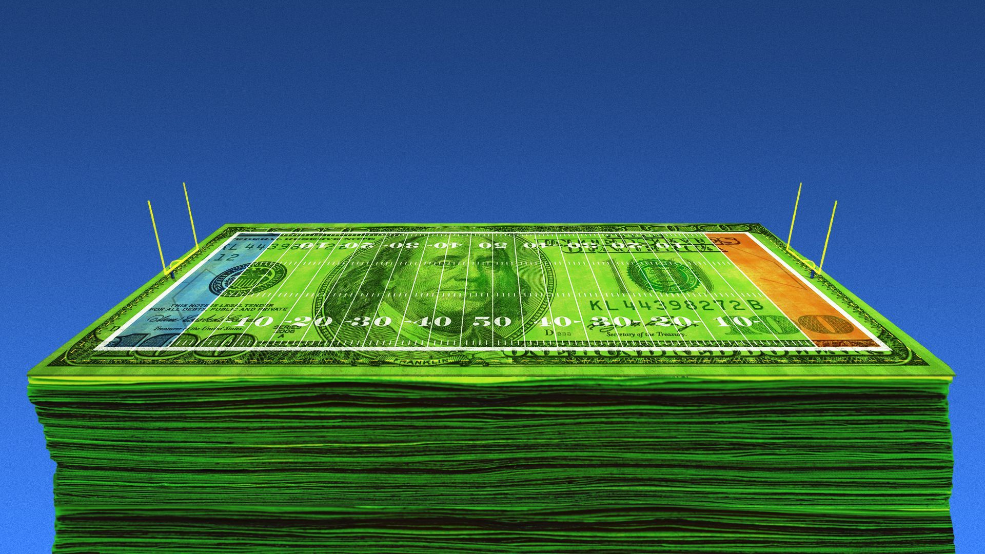 Illustration of a stack of hundred dollar bills underneath a football field. 