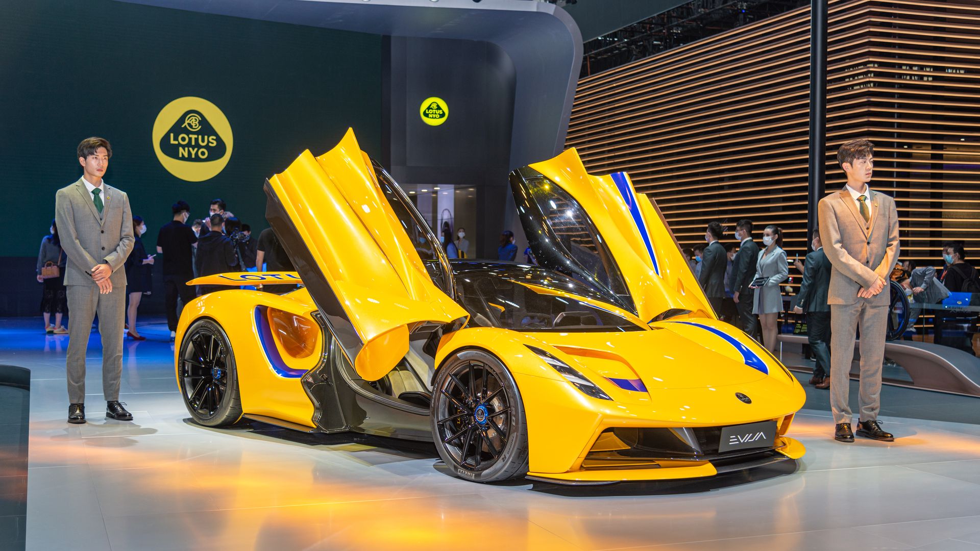 A yellow Lotus Evija electric sports car at the Guangzhou auto show in 2021. Photo: VCG/VCG via Getty Images