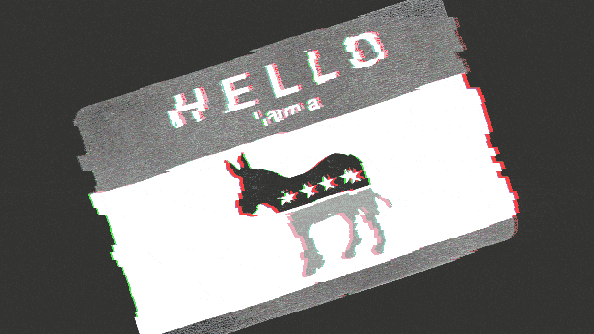Illustration of a name tag, with a Democratic Party donkey symbol instead of a name, changing to a Republican Party elephant symbol.