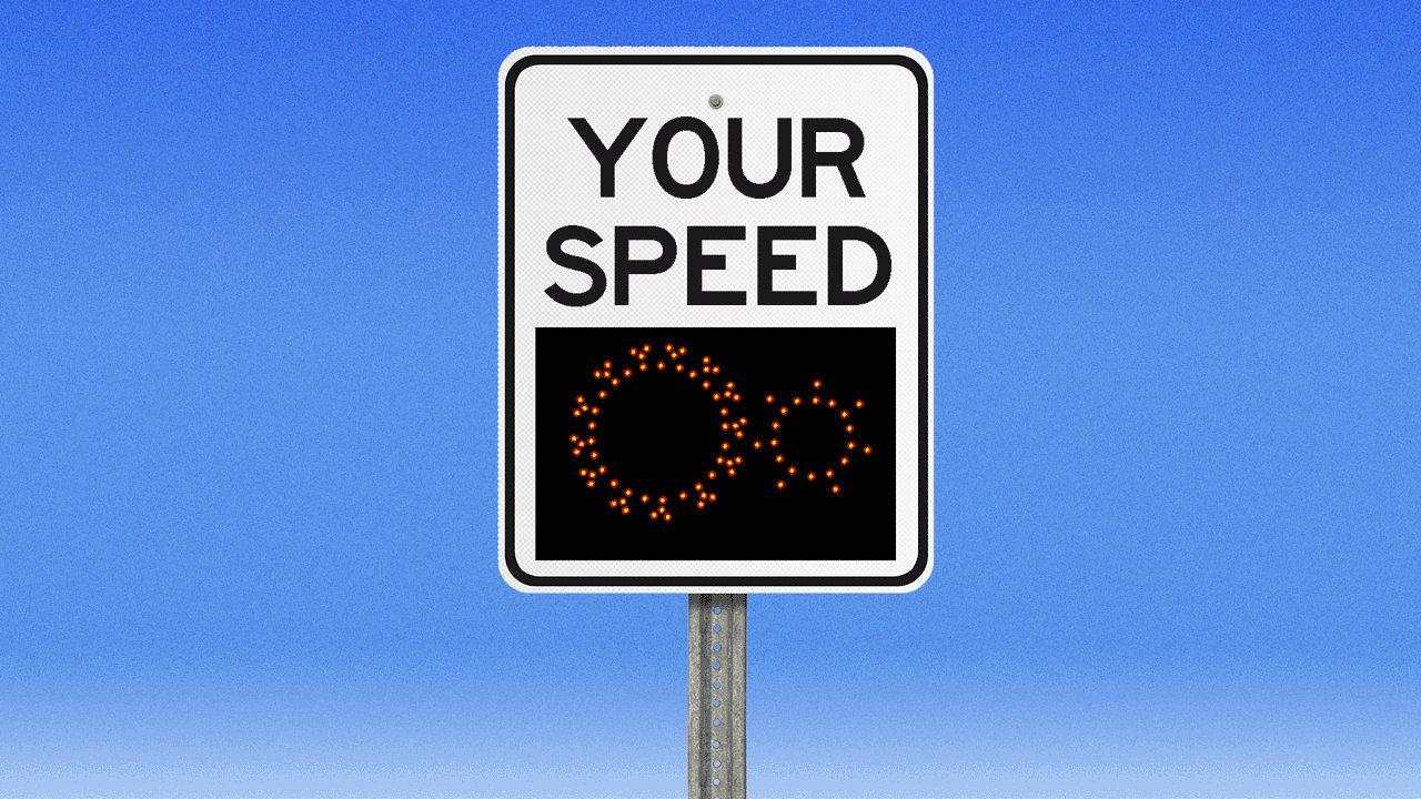 Animated illustration of a speed reading sign rotating through images including a syringe, a beaker, a microscope, and a virus