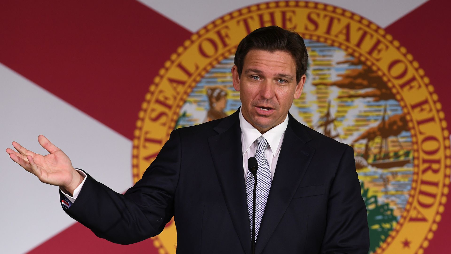 Gov. Ron DeSantis speaks during a press conference in Wildwood, Florida.