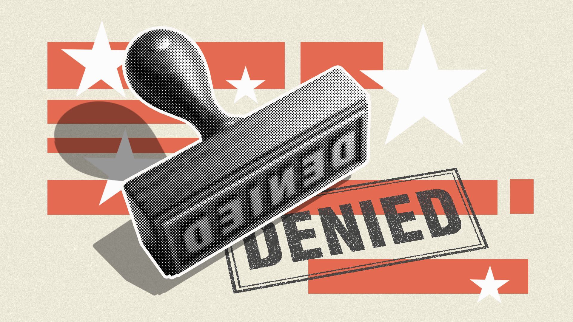 Illustration of a stamp that reads "denied" surrounded by red stripes and white stars