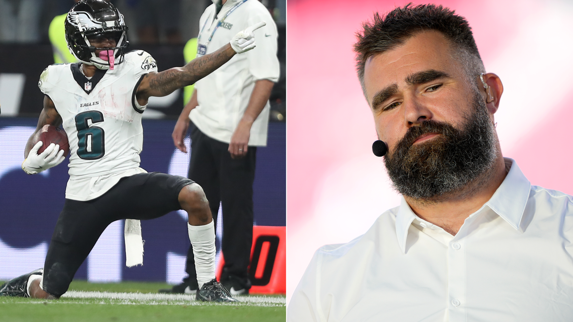Eagles WR DeVonta Smith, left, signals first down; ESPN analyst Jason Kelce, right, gives a sly look.