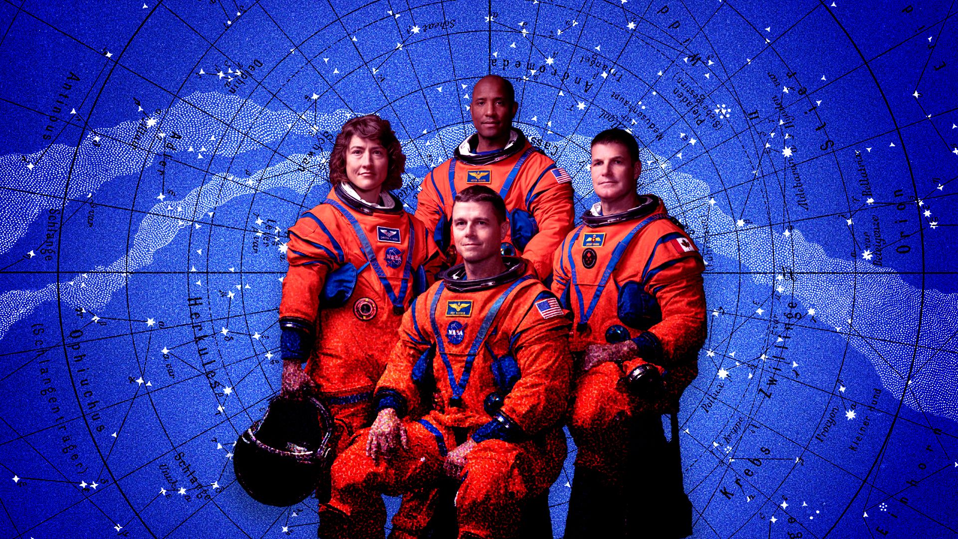 Photo illustration of NASA astronauts Christina Hammock Koch, Reid Wiseman, Victor Glover, and Canadian Space Agency astronaut Jeremy Hansen in front of an old  Old engraved illustration stars of Northern Sky