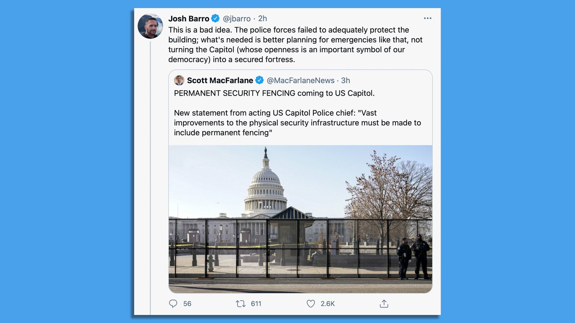 A screenshot shows a Twitter debate about placing permanent fencing around the U.S. Capitol.