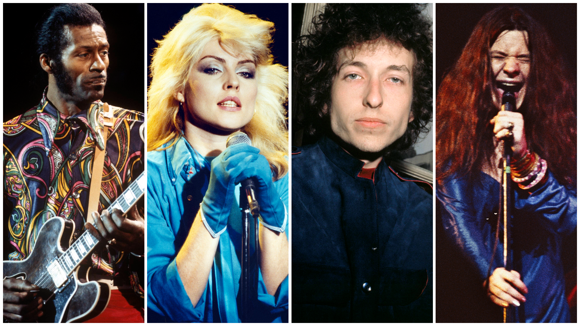 Four-panel collage of rock performers: guitarist in a colorful paisley shirt; blond female singer in blue gloves at a mic; man with dark curly hair in a blue jacket; red-haired female singer at mic.