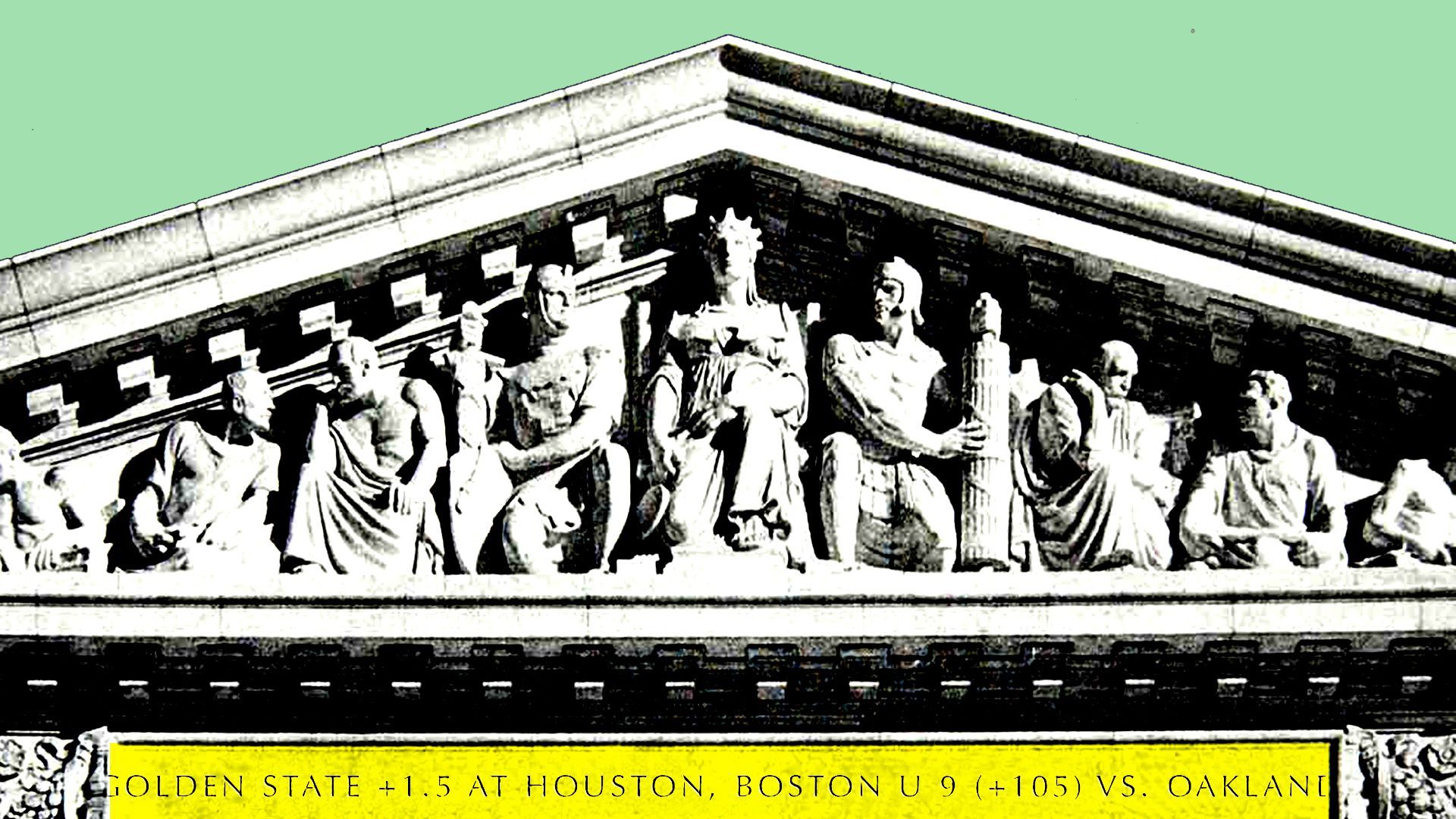 An illustration of the Supreme Court with a sports betting ticker underneath