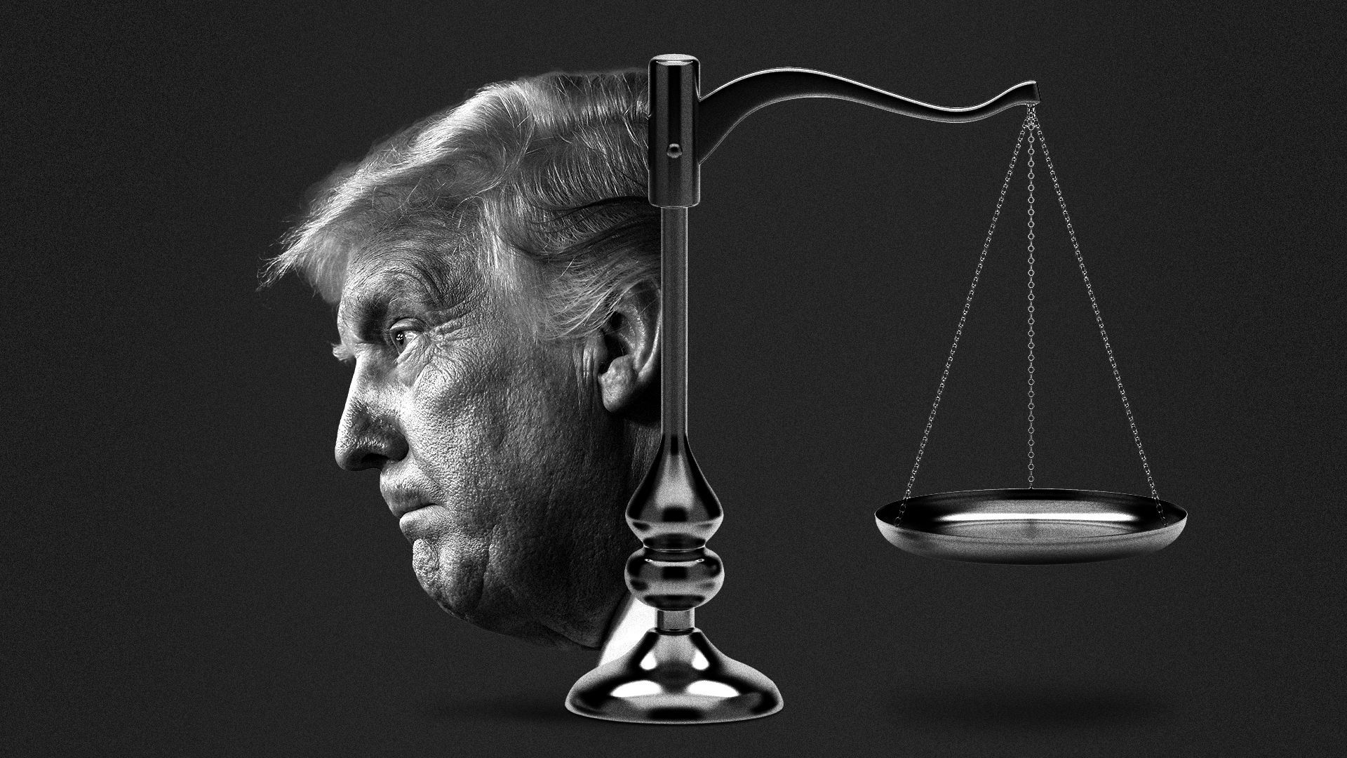 Illustration of President Donald Trump on the left side of the scales of justice.