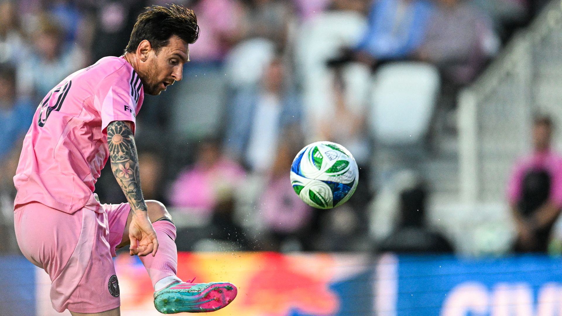 Inter Miami's Argentine forward #10 Lionel Messi scores his team's third goal during the Major League Soccer match between Inter Miami CF and Columbus Crew at Chase Stadium in Fort Lauderdale, Florida, on May 31, 2025. (Photo by CHANDAN KHANNA / AFP) (Photo by CHANDAN KHANNA/AFP via Getty Images)