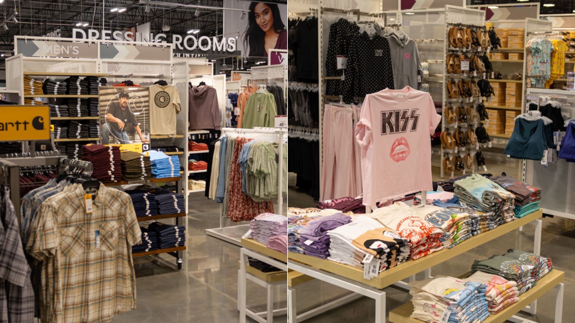 Interior of a clothing store with racks of folded shirts, plaid shirts in the foreground, a pink KISS graphic tee on a stand, and a large sign reading "DRESSING ROOMS" above.