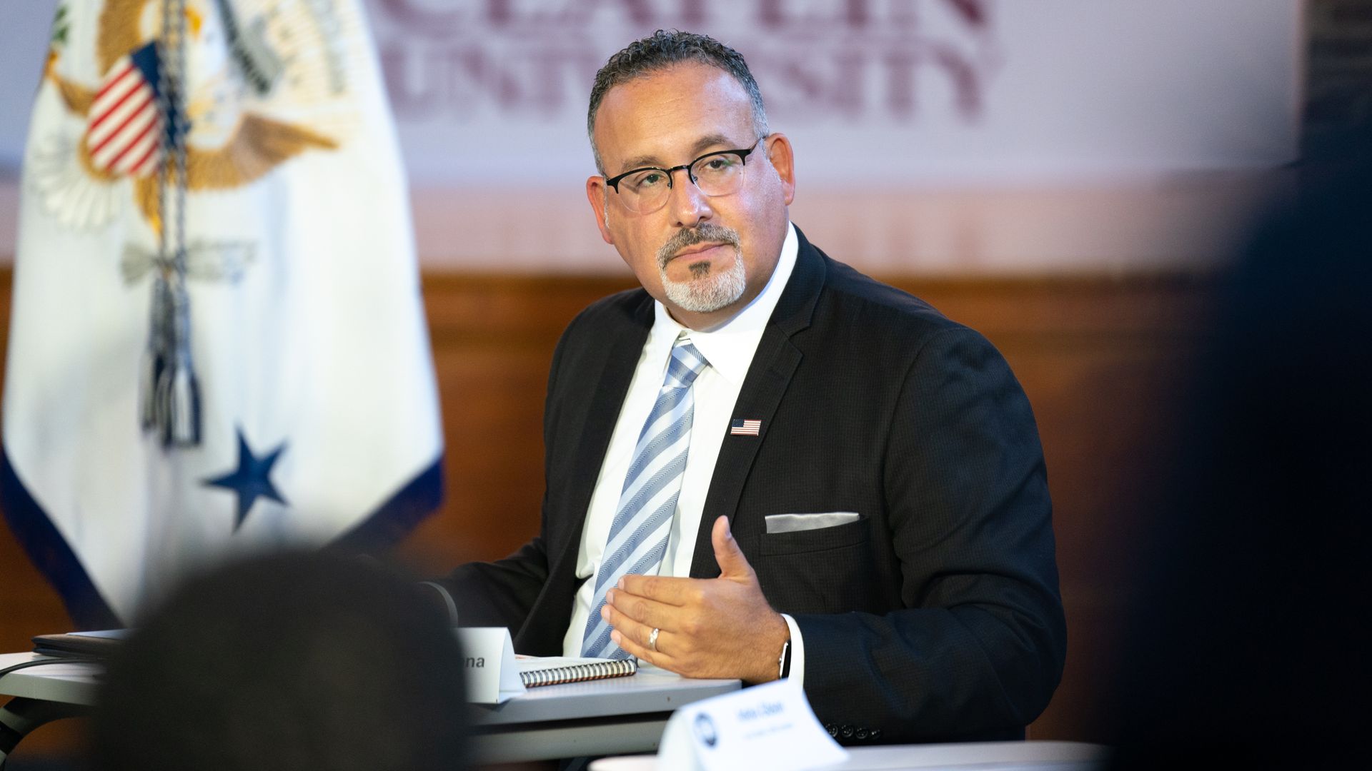 Secretary of Education Miguel Cardona speaking in Orangeburg, South Carolina, in September 2022.