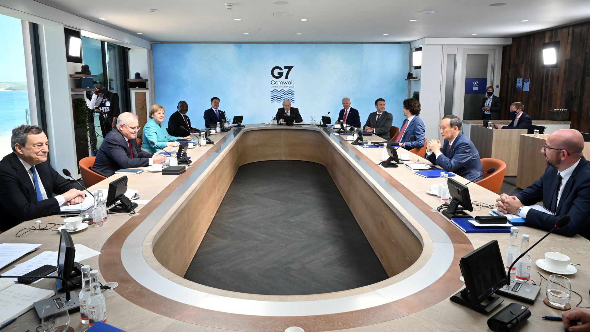 Leaders of the G7 at a working session in Carbis Bay, Cornwall on June 12.