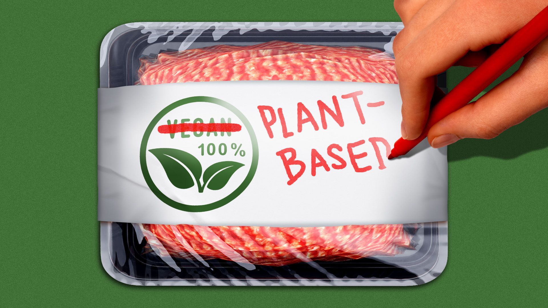 Illustration of a package of meat with the label "vegan" crossed out by a hand writing "plant-based" beside it