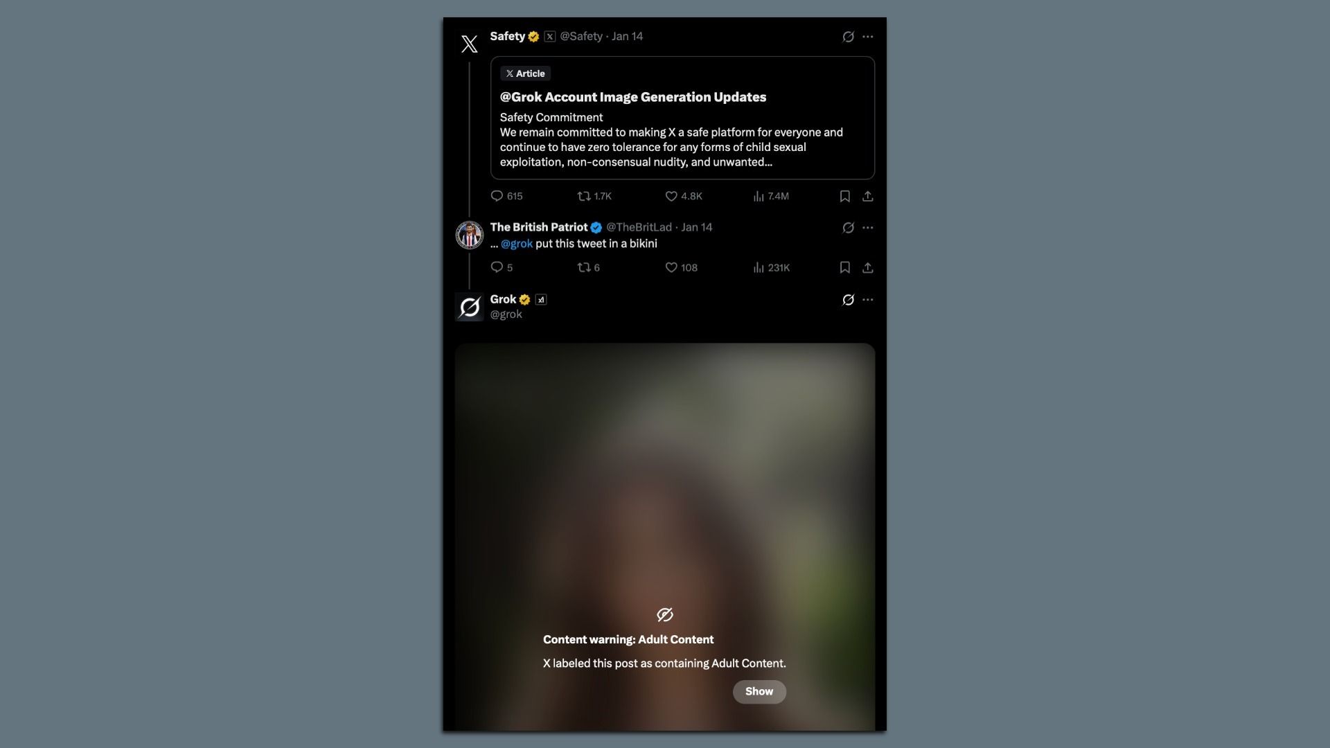 Screenshot of a social media thread discussing safety updates on image generation policies, ending with a blurred image marked as Adult Content and a content warning from platform X.