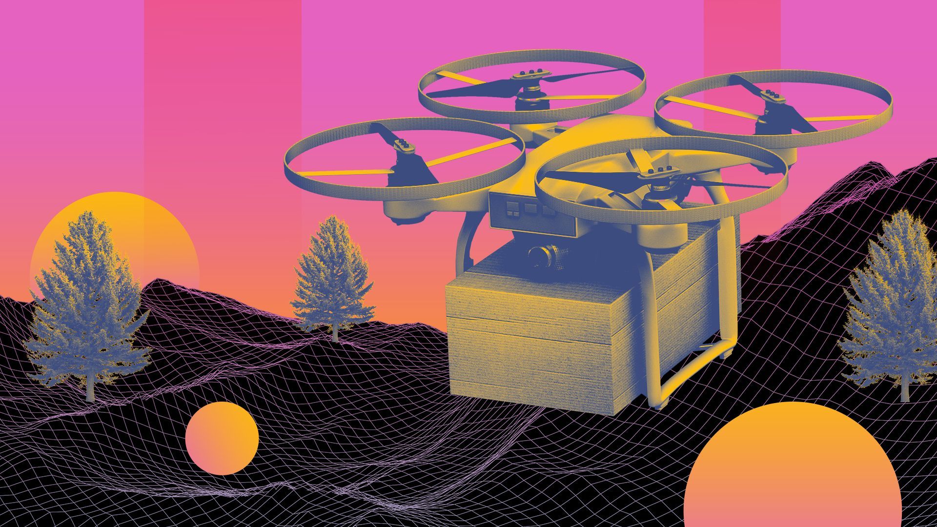 Illustration of a wireframe futuristic landscape with a drone flying above, and abstract shapes.