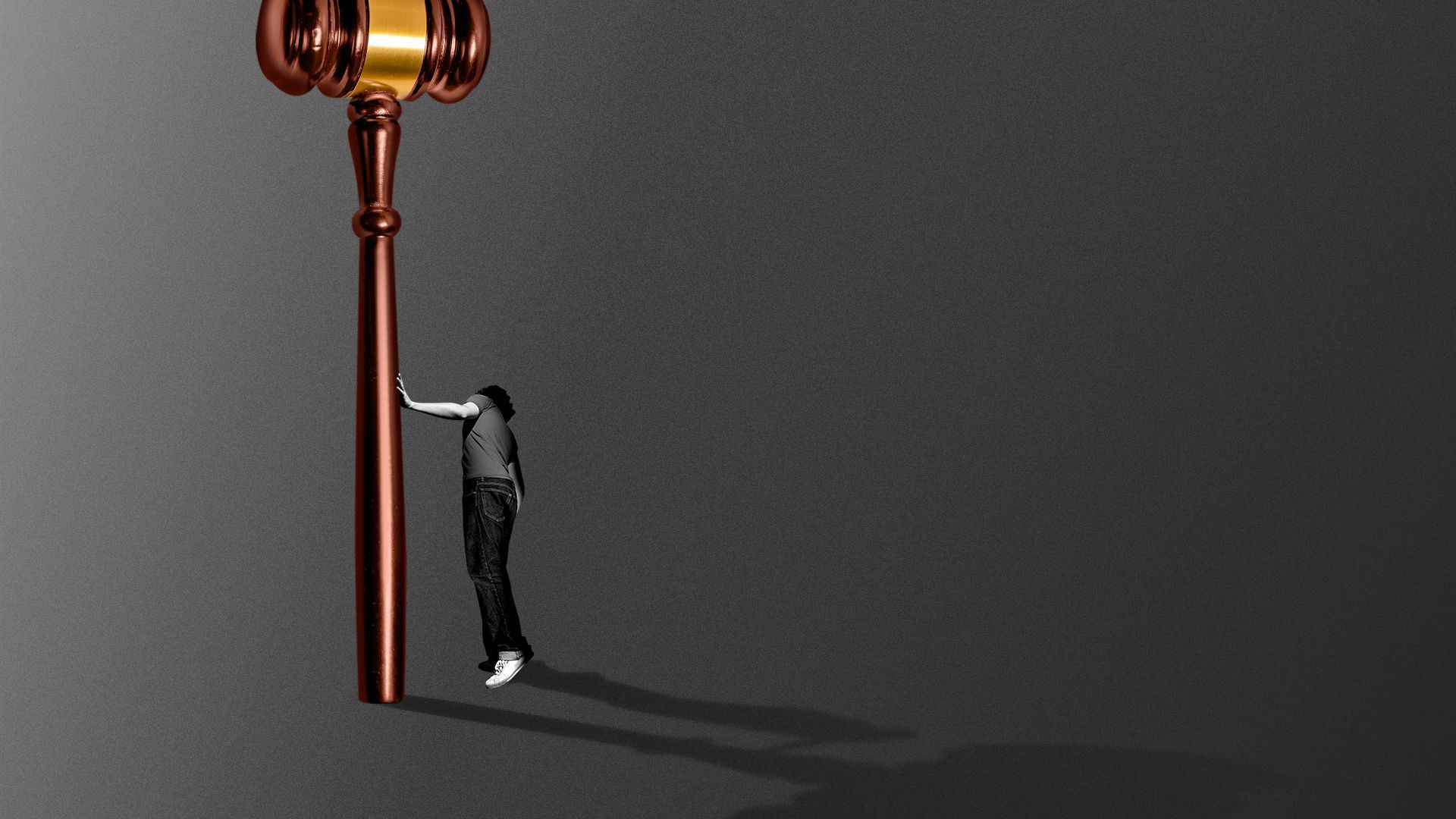 Illustration of a person standing behind a gavel and peering around the corner as if taking shelter.